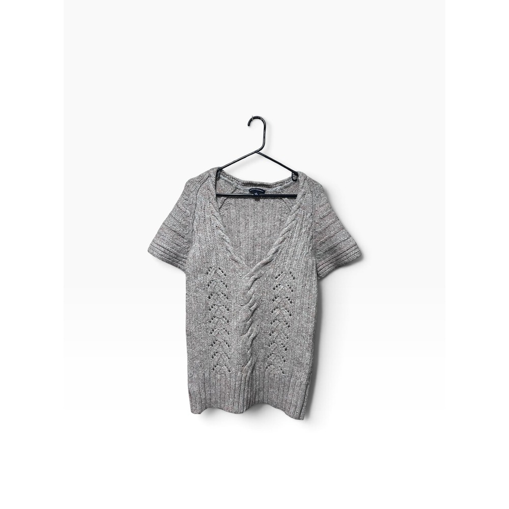 Banana Republic Wool Alpaca Blend Cable Knit V-Neck Short Sleeve Sweater Gray M